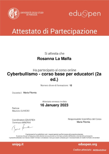 thumbnail of Cyberbullismo (2a ed.)_Il Cyberbullismo- corso base per insegnanti, genitori ed educatori_ATTESTATODIFREQUENZA